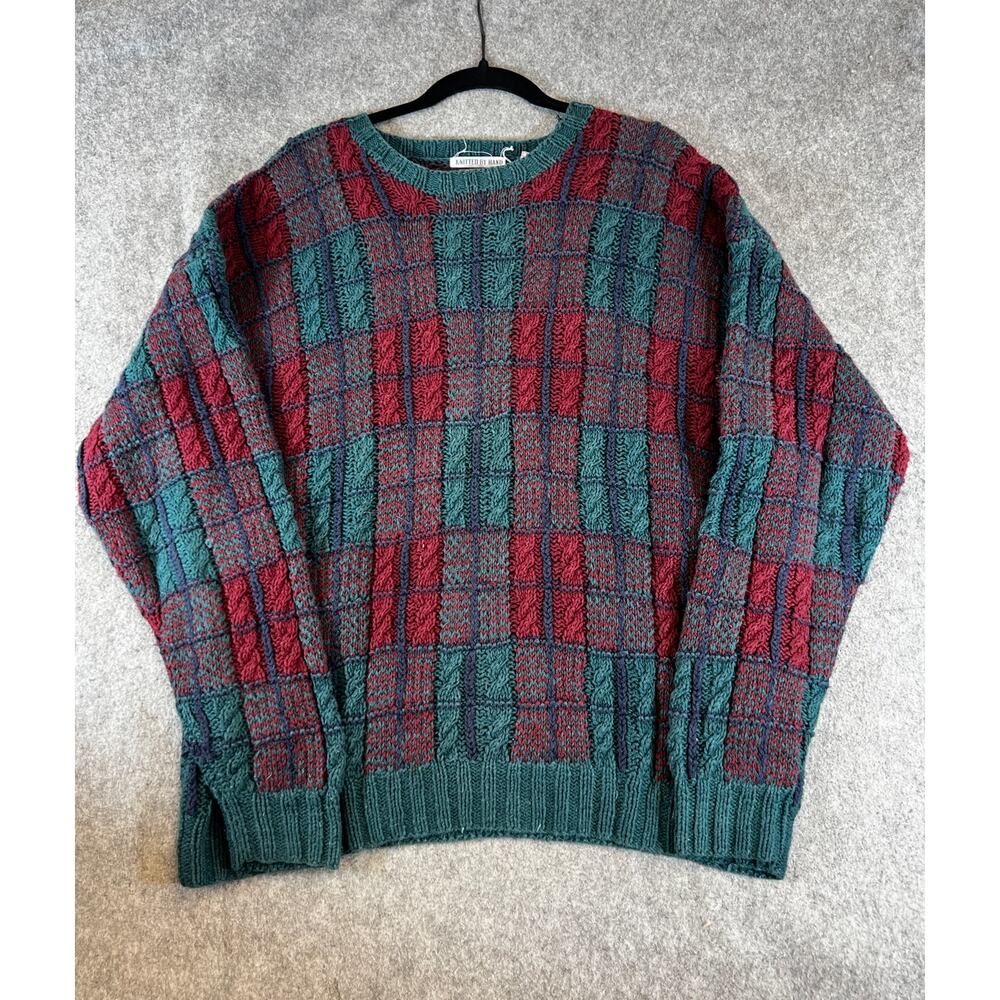 VINTAGE 90s Cape Isle Knitters Sweater Mens Large Red Hand Knitted Cable Knit